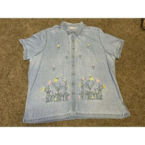 BOBBIE BROOKS Women's Denim Button Down Shirt 26W/28W Embroidered Garden Flowers